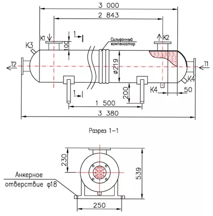 Кожухотрубный теплообменник КС 200-3-8×0,8-18,0, Ру6/10