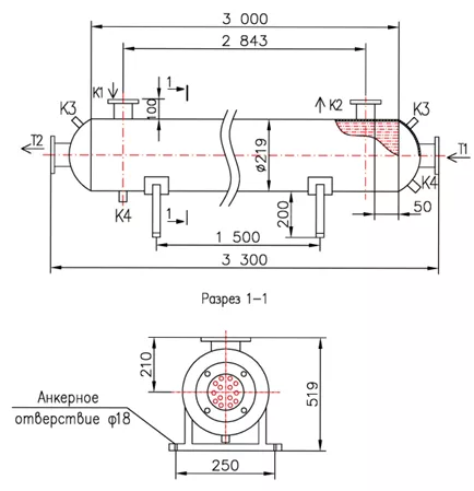Кожухотрубный теплообменник КС 200-3,0-8×1-18,0, Ду65, фланец