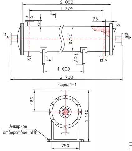 Кожухотрубный теплообменник КС 700-2Р-25×1,5-41, трубки AISI 316
