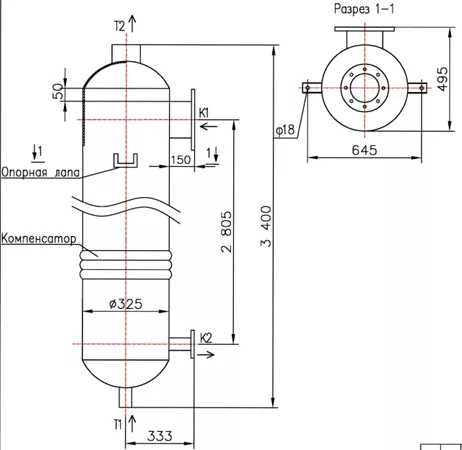 Кожухотрубный теплообменник КС 300-3СК-8×0,8-41,4, Ру25/10, AISI 304