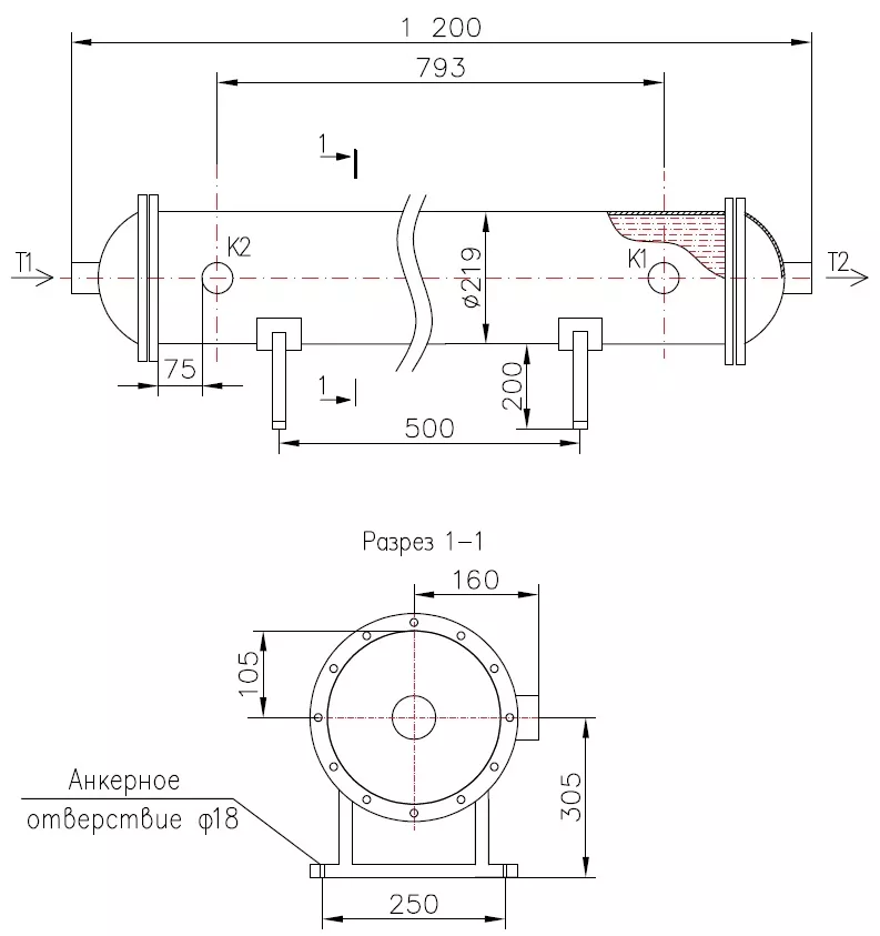 Кожухотрубный теплообменник КС 210-1-8×0,8-6,0, Ру10, AISI 304