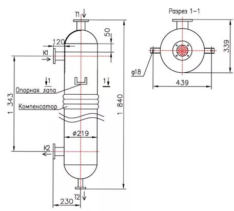 Кожухотрубный теплообменник КС 210-1,5-8×0,8-9,0, вертикальный