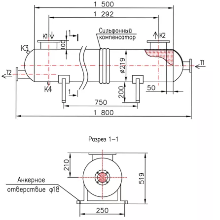 Кожухотрубный теплообменник КС 210-1,5-8×0,8-9,0, горизонтальный
