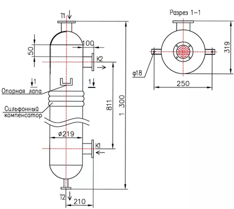 Кожухотрубный теплообменник КС 210-1-8×0,8-6,0, Ру6, Сталь 20
