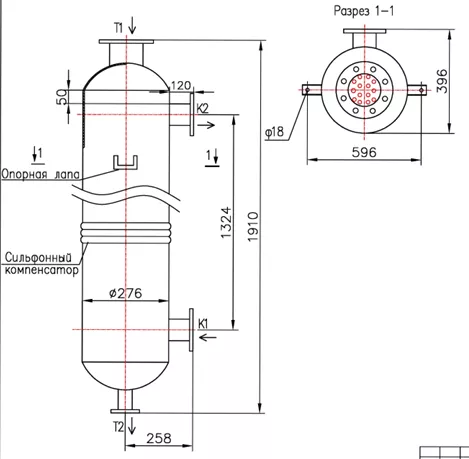 Кожухотрубный теплообменник КС 270-1,5СК-8×0,8-12,0, Ду100