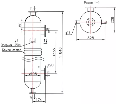 Кожухотрубный теплообменник КС 100-1,5-8×0,8-1, Ру10, AISI 304