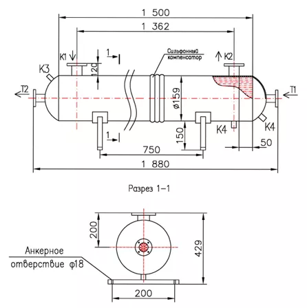 Кожухотрубный теплообменник КС 150-1,5-8×0,8-4,5, Ру16/6, Сталь 20