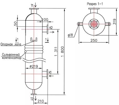 Кожухотрубный теплообменник КС 210-1,5-8×0,8-9,0, Ру16