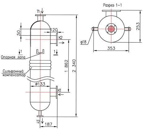 Кожухотрубный теплообменник КС 130-2-8×0,8-3,96, Ру16, 3,96 м²